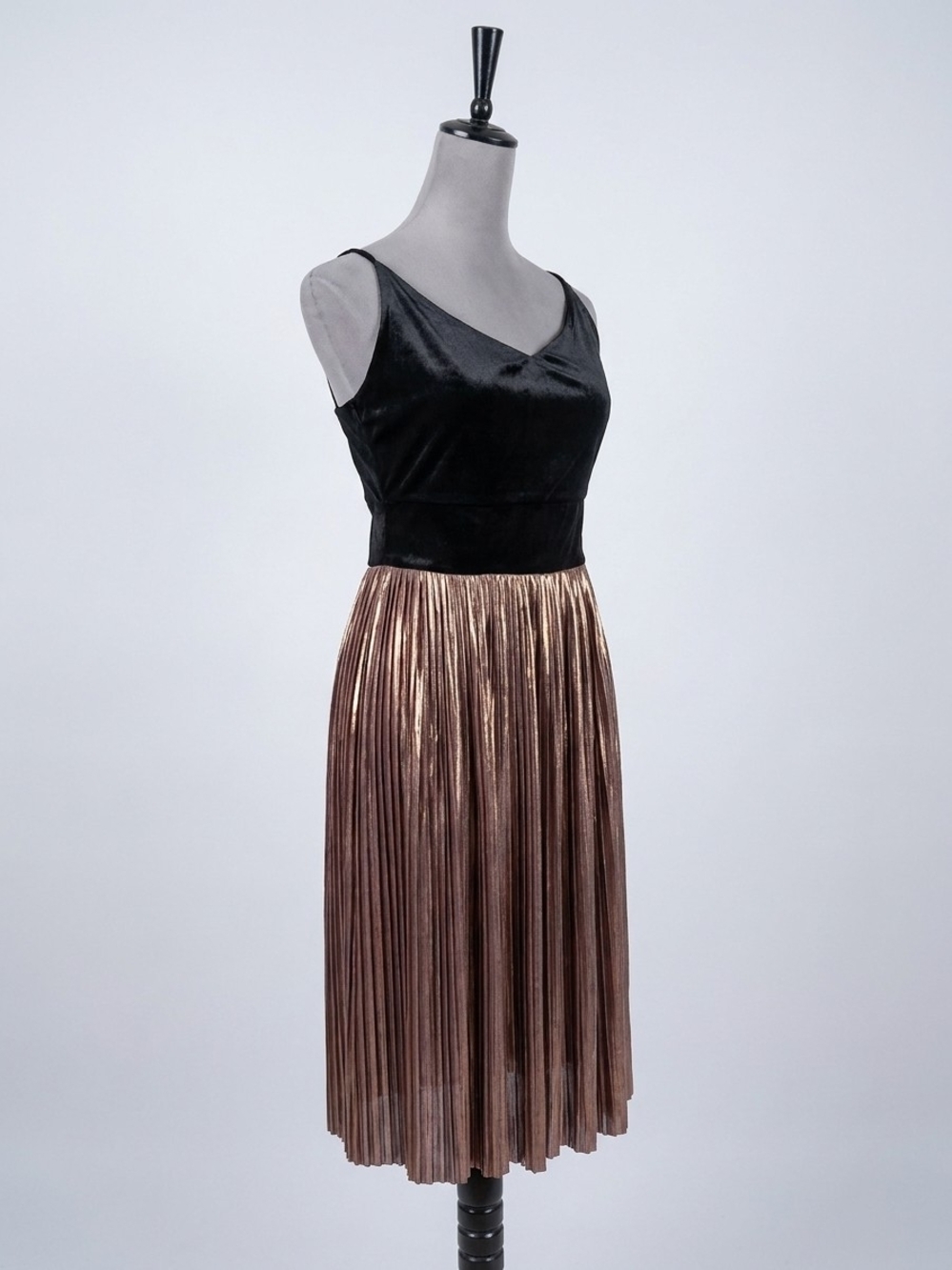 Luxology Black Velvet Bodice with Metallic Bronze Pleated Midi